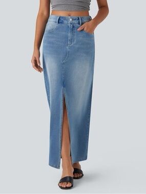 Halara Flex™ Mid Rise Pockets Straight Maxi Washed Denim Casual Skirt | NWT